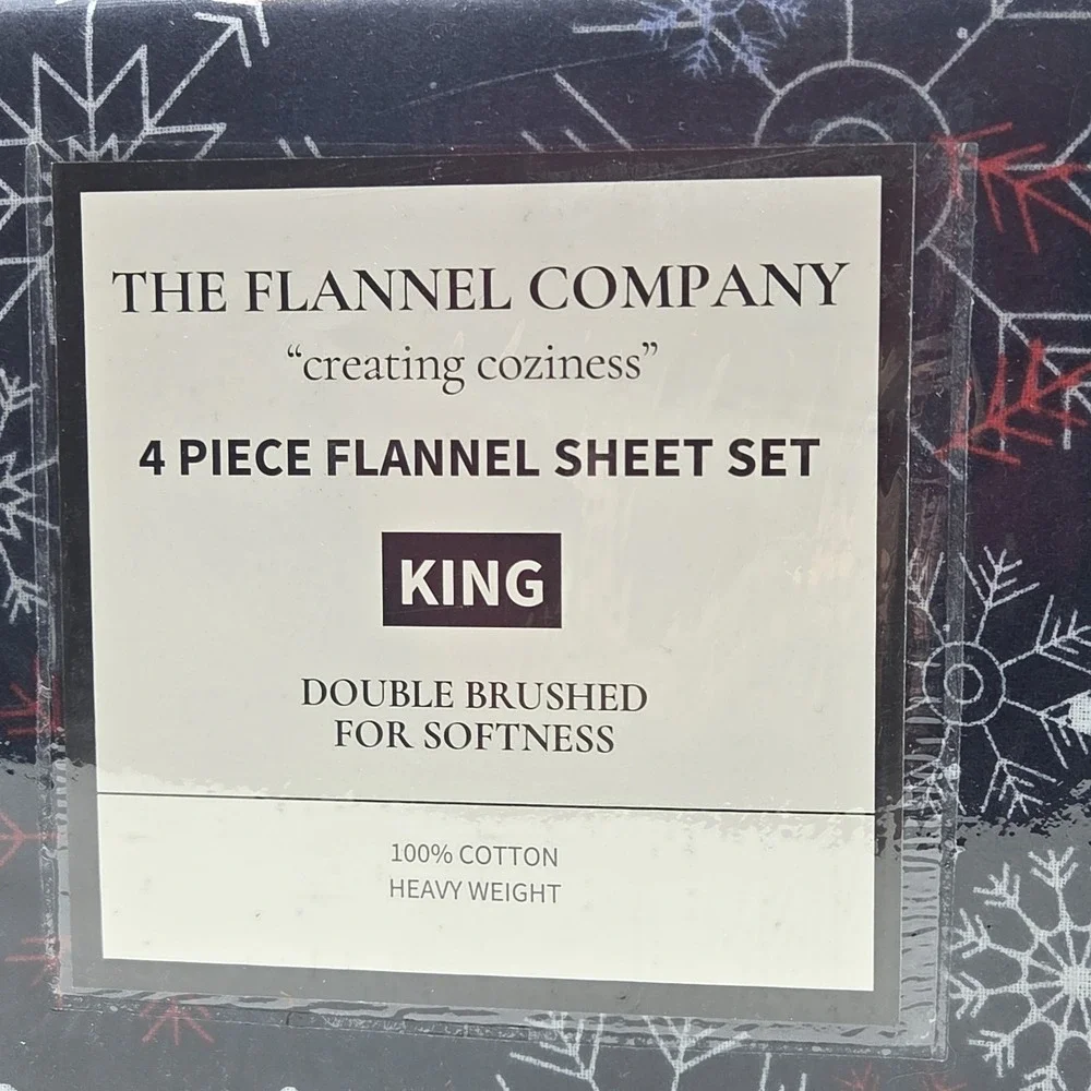 King Size Winter Cozy Cotton Flannel Sheet Set Snowflakes‎ Printed Heavy Weight